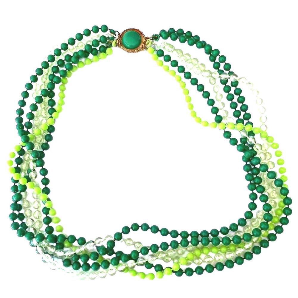 VTG Green+Clear Glow in Dark Multi-strand Beaded Necklace 12L Ornate Hook Close